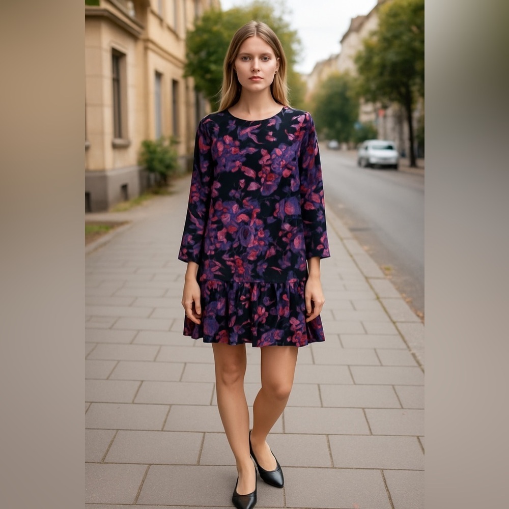 Allison Joy Evereve Floral Ruffle Dress Small Oversized Tunic Flounce Romantic
